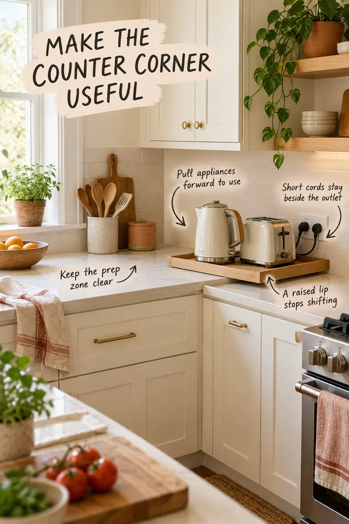 Compact cream kitchen with a kettle and toaster on a pull-forward platform in a deep countertop corner.
