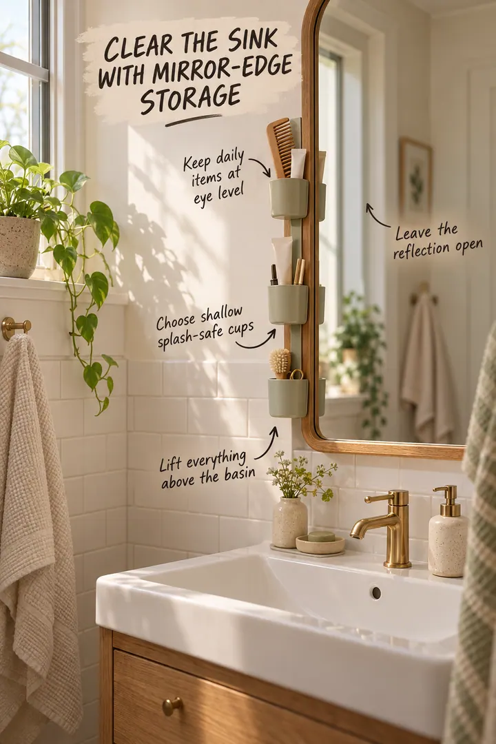 Tiny oak bathroom vanity with a shallow removable organizer attached along the outer edge of the mirror.