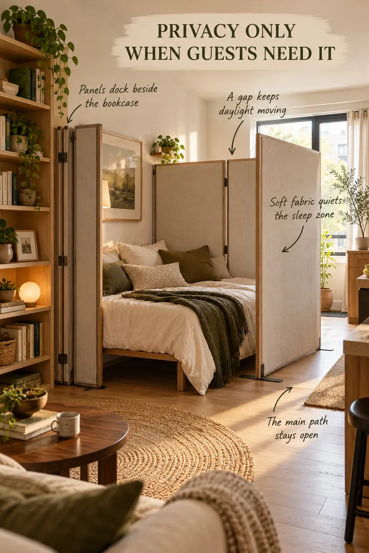 Warm studio apartment with slim folding fabric panels partly enclosing a compact guest daybed.