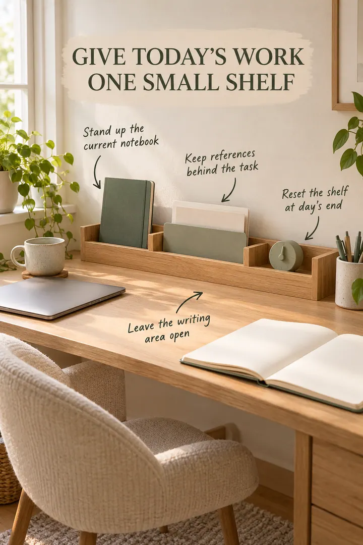 Shallow oak desk with a narrow stepped rear shelf holding the day's notebook and reference materials upright.