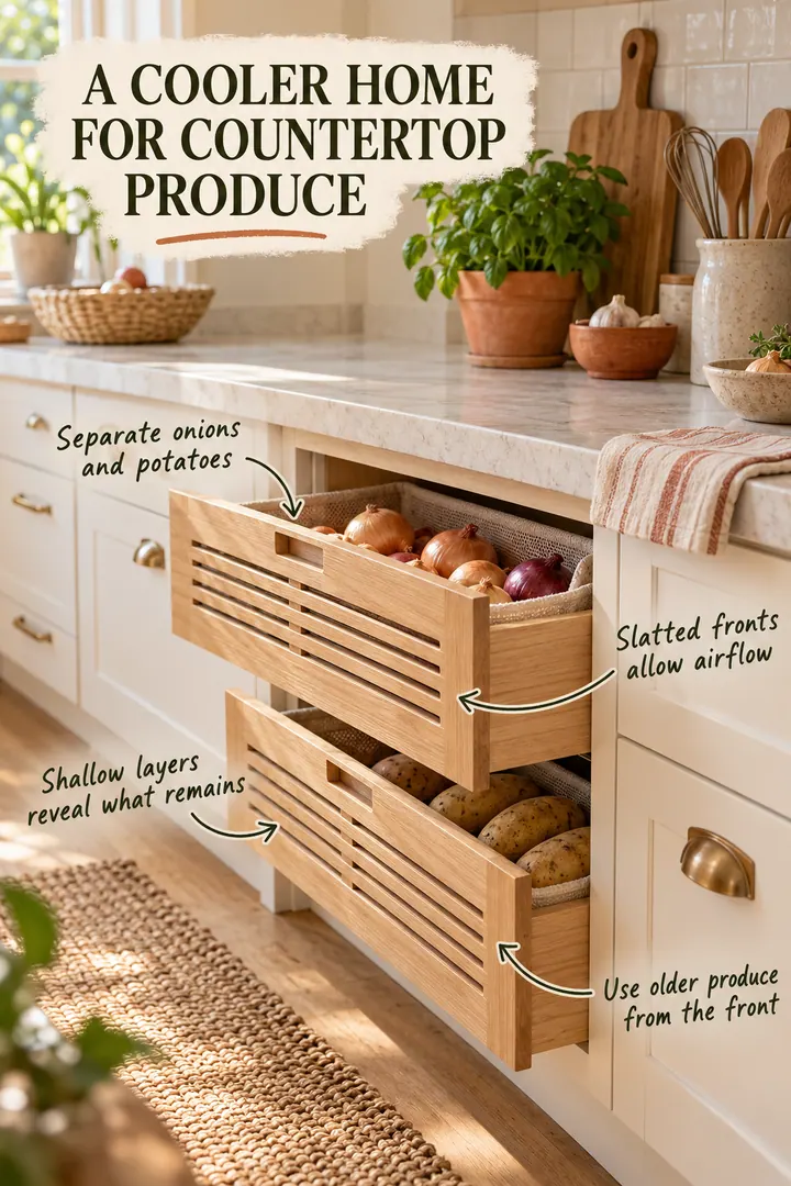Small warm kitchen with two ventilated under-counter drawers separating onions and potatoes.