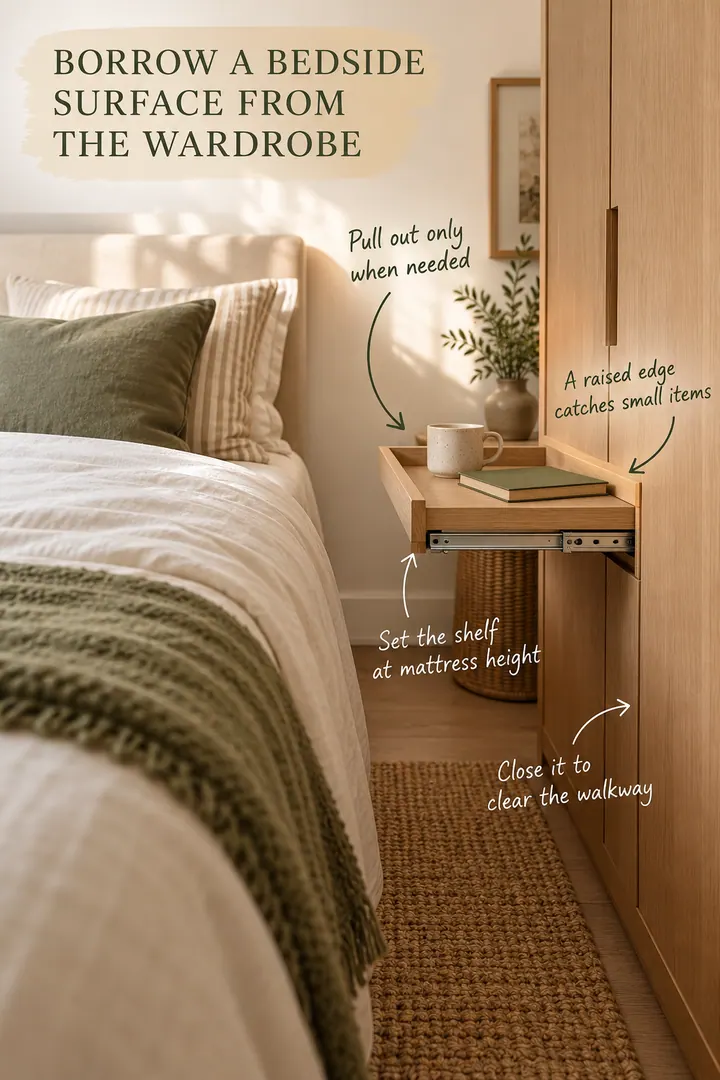 Narrow bedroom with a slim bedside shelf pulled horizontally from the side of an oak wardrobe.