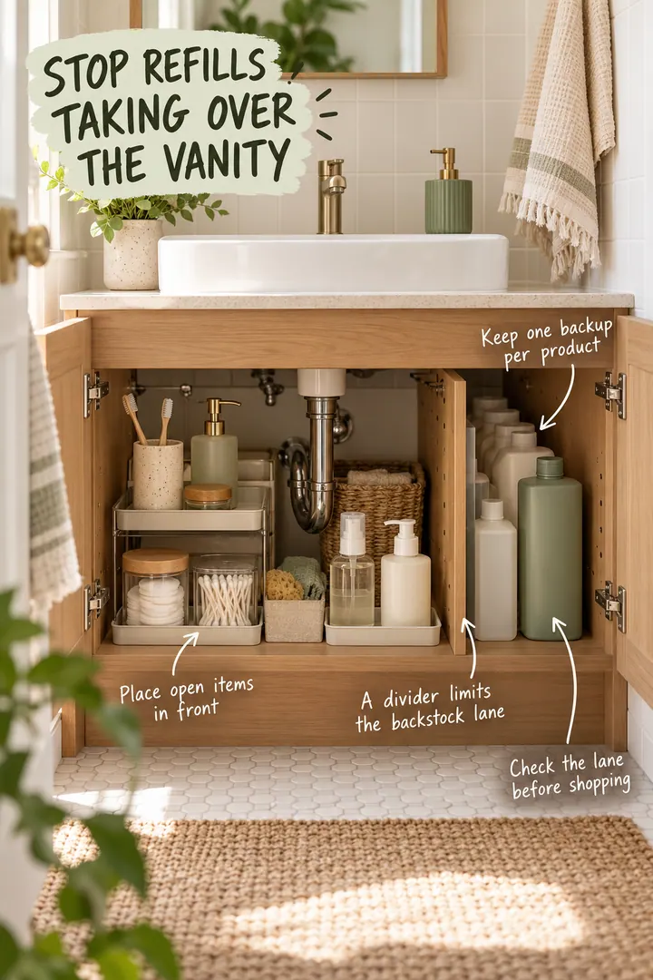 Open compact vanity cabinet with a divided narrow lane holding one backup of each bathroom product.