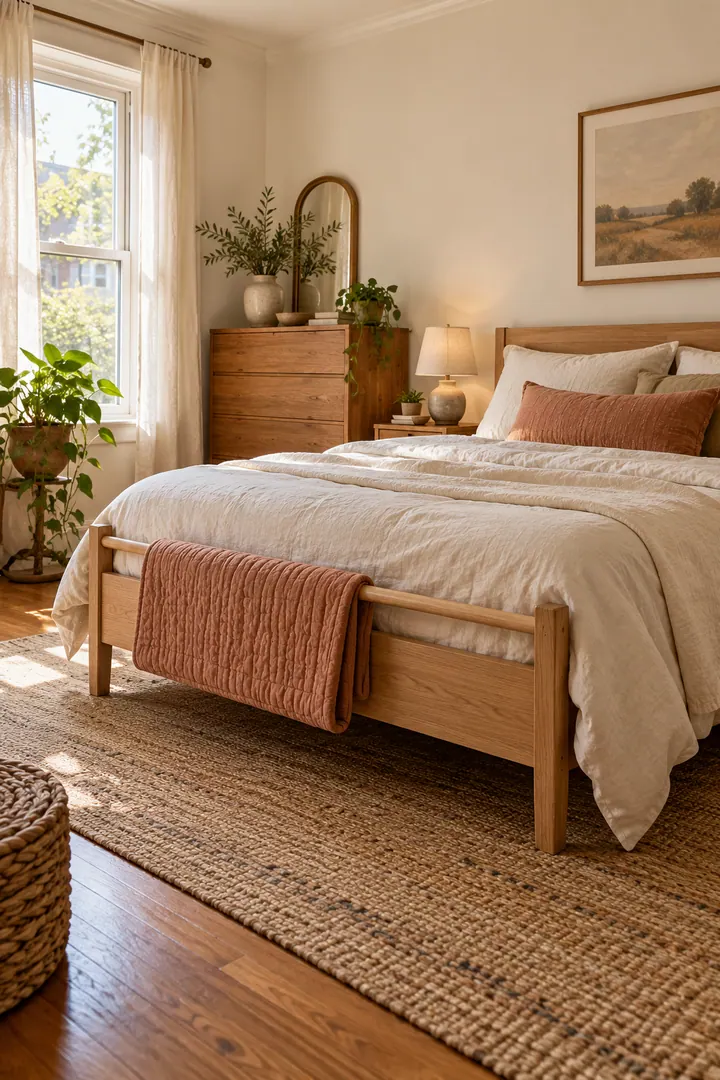 Compact cream bedroom with a folded quilt hanging from a slim oak rail integrated into the foot of the bed.