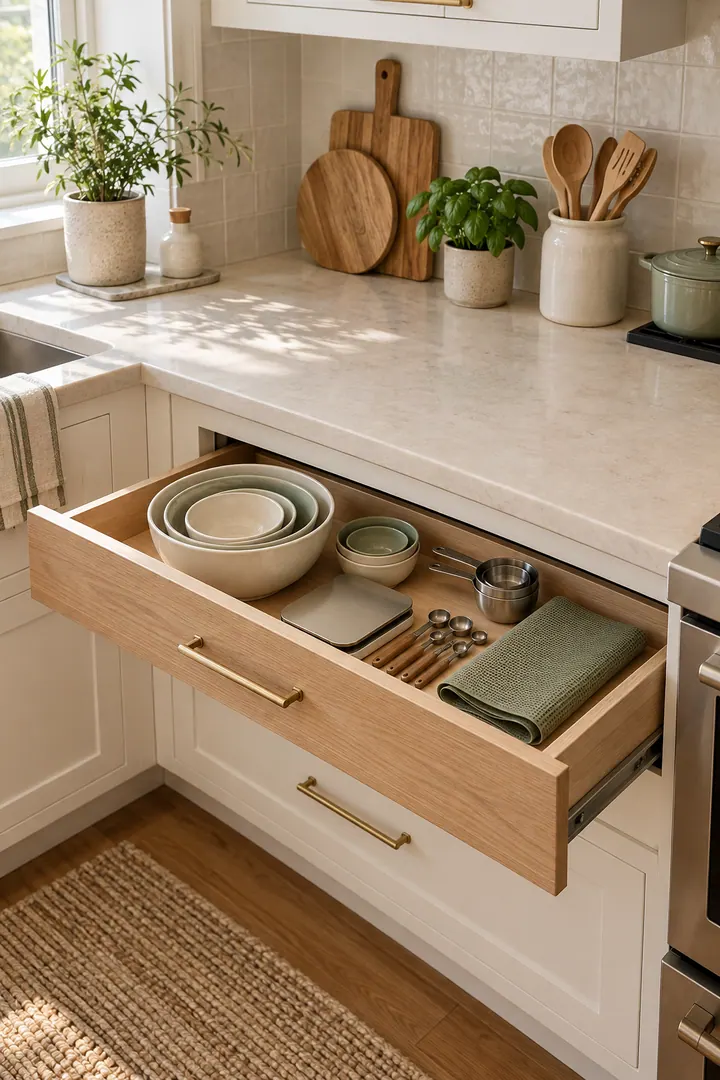 Open shallow kitchen pullout beneath a clear prep counter holding nested bowls and compact mixing tools.
