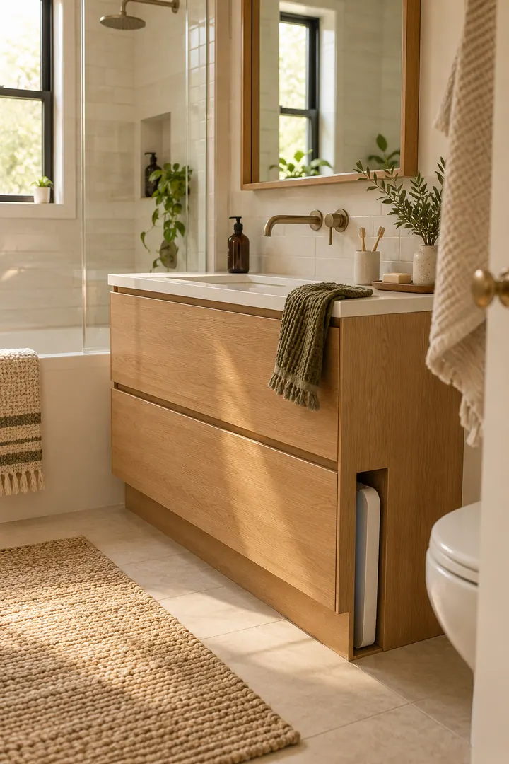Compact oak bathroom vanity with a slim scale sliding into a narrow vertical slot in the plinth.