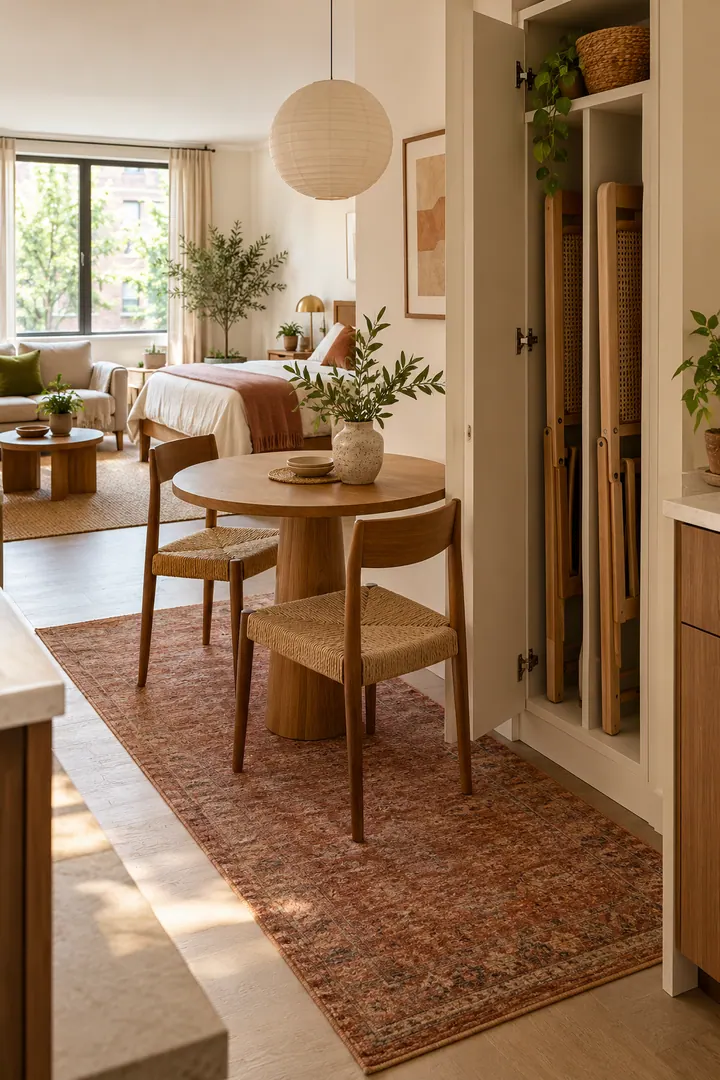 Warm compact studio dining area with two folded chairs stored upright inside a shallow open cabinet.