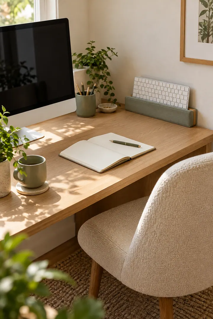Shallow oak desk with a wireless keyboard stored upright in a padded dock along the rear side edge.