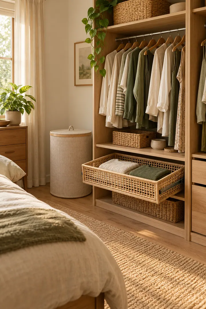 Compact open wardrobe with a ventilated pullout basket holding neatly folded rewearable clothes.