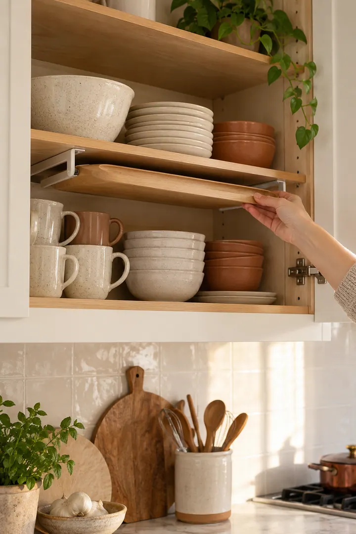 Open cream kitchen cabinet with a plain serving tray stored flat in slim rails beneath a shelf.