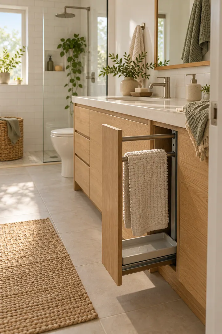 Small warm bathroom with a cotton shower mat drying on a ventilated pullout at the end of the vanity.