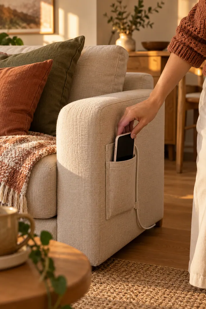 Hand placing a phone into a slim fabric charging pocket on the hidden wall side of a cream sofa.