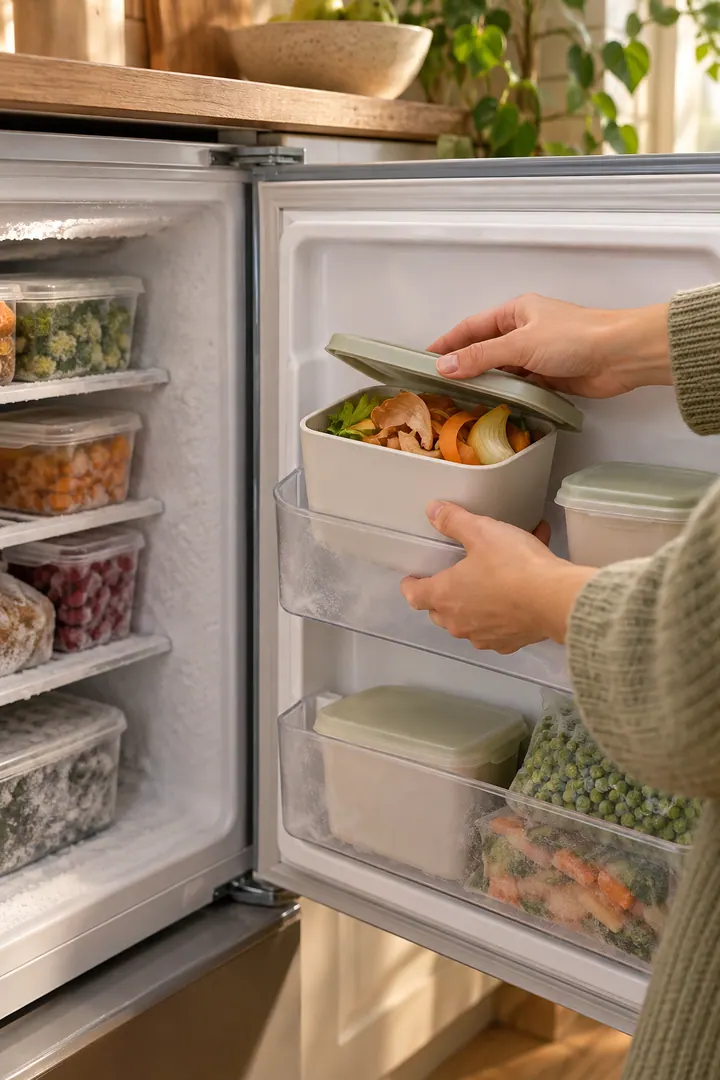 Hand placing a small lidded container of vegetable scraps into a dedicated compact freezer-door pocket.