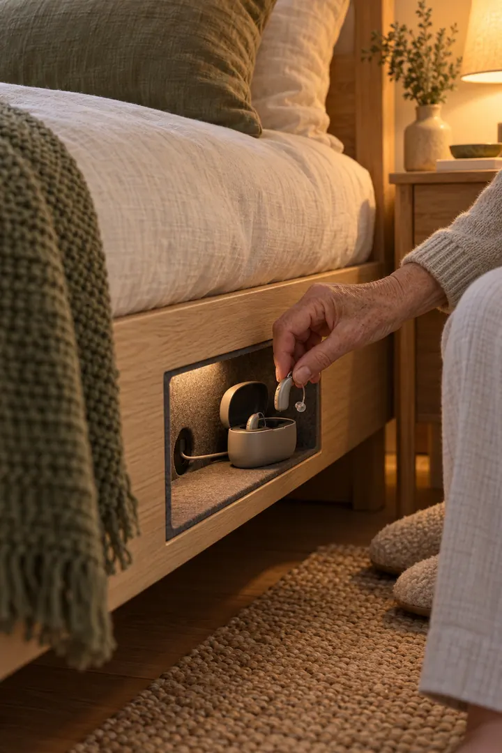 Older adult hand placing a hearing aid into a charging case inside a felt-lined oak bedside niche.