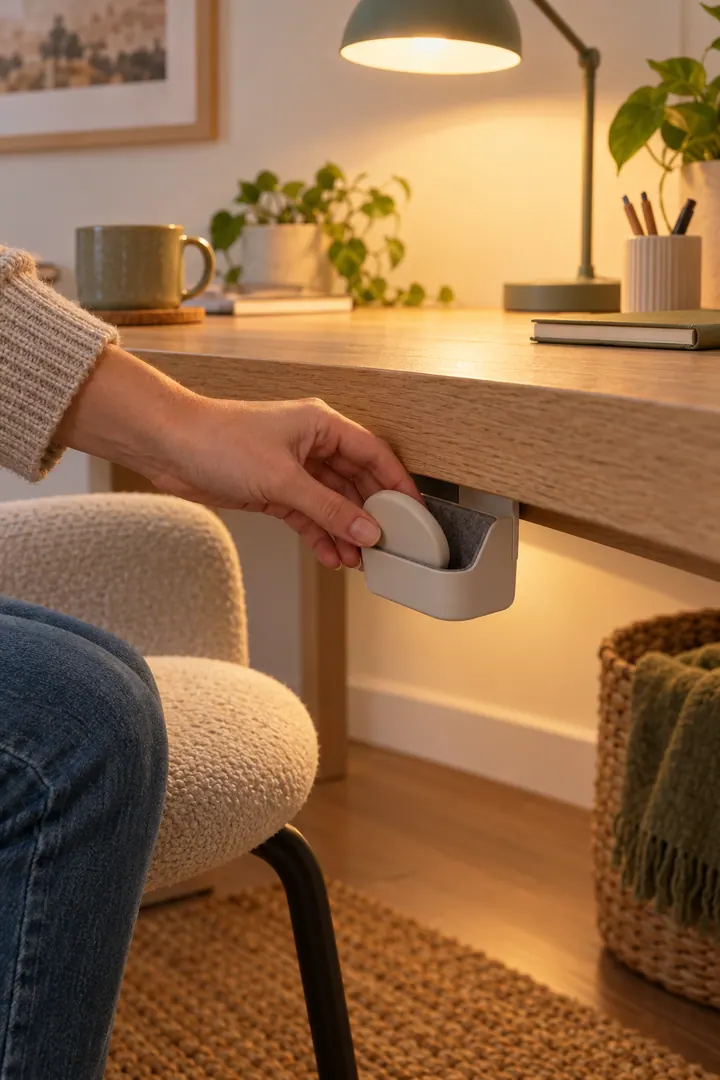 Hand returning a small lamp control to a felt-lined holder beneath the front edge of a shallow oak desk.
