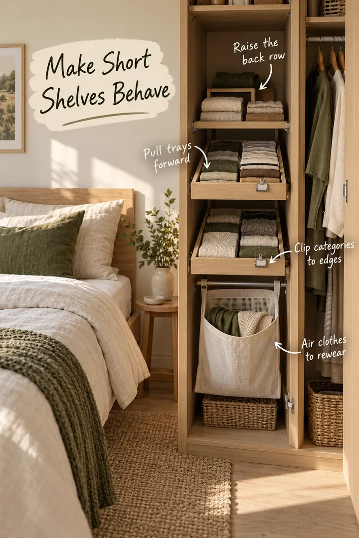 Annotated narrow wardrobe with pull-forward clothing trays, a rear riser, shelf-edge clips, and a breathable rewear pouch.