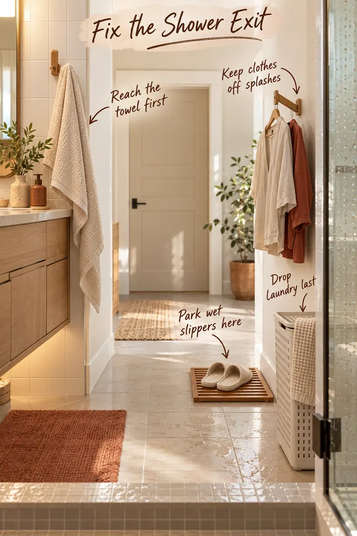 Annotated tiny shower exit with a reachable towel, fold-flat clothes hook, slipper tray, and slim ventilated hamper.