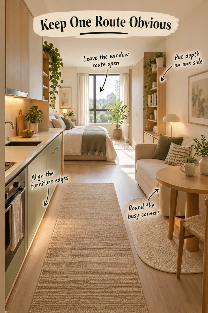 Annotated studio apartment with aligned furniture and a clear wall-side walking route from entry to window.