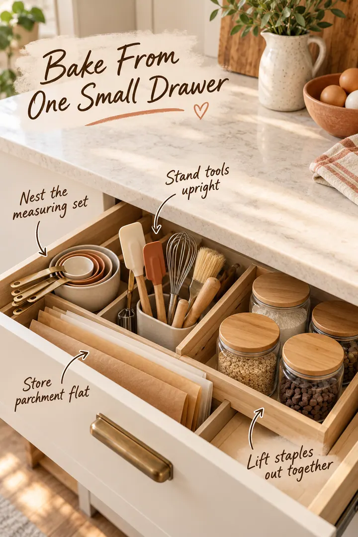Annotated shallow kitchen drawer containing nested measuring cups, upright baking tools, parchment, and a removable ingredient tray.