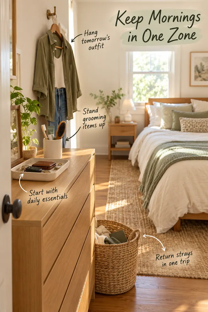 Annotated small bedroom morning zone with an essentials tray, grooming cup, outfit hook, and return basket.