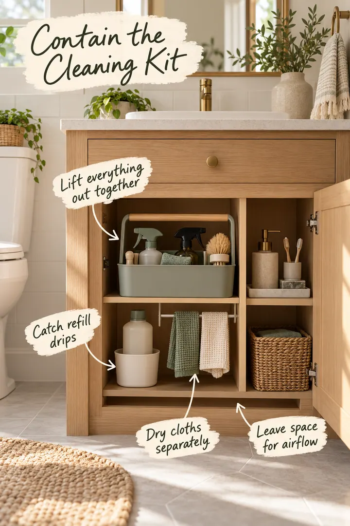 Annotated vanity cleaning bay with a handled caddy, drip cup, separate cloth rack, and ventilation space.