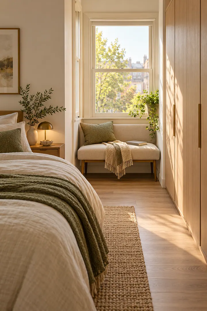Compact bedroom with a low armless perch beneath the window, open legs, and a clear walkway beside the bed.