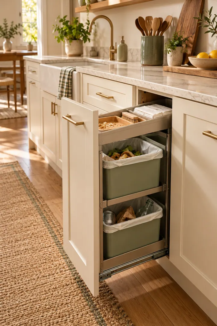Narrow kitchen pull-out containing two stacked waste bins, a liner compartment, and a removable crumb tray.