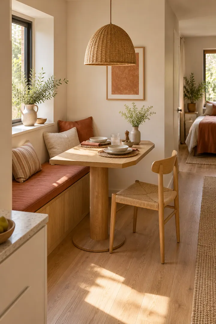 Studio dining corner with a clipped-corner pedestal table, wall-side bench, and one movable chair by the window.