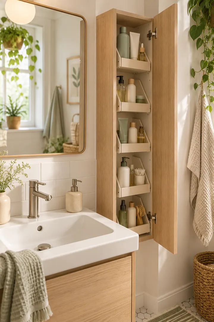 Tiny bathroom with a narrow cabinet beside the mirror and shallow angled trays holding daily toiletries.