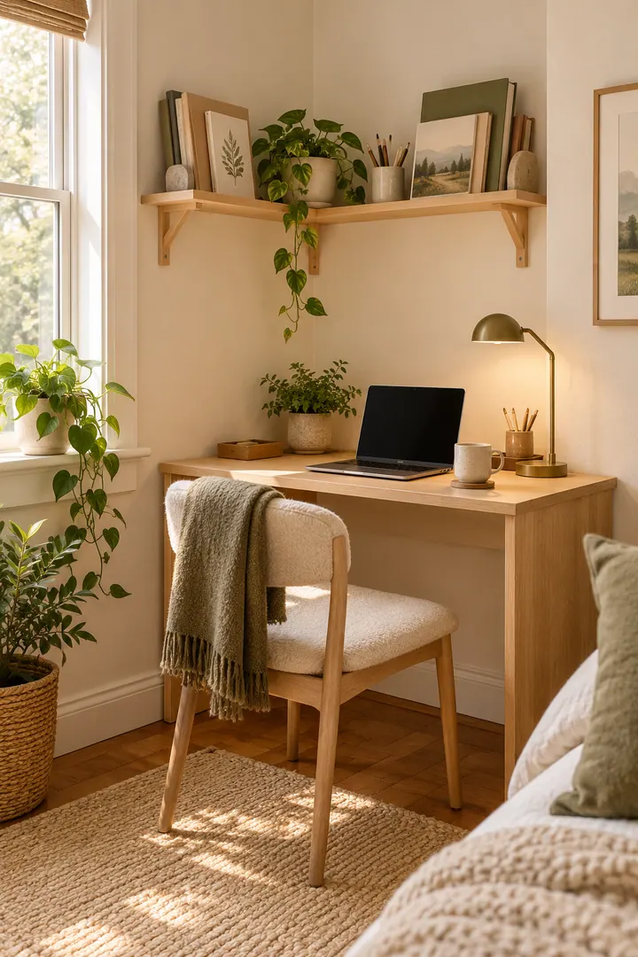 Compact corner desk with a shallow partial wrap shelf holding face-out reference materials while the center stays clear.
