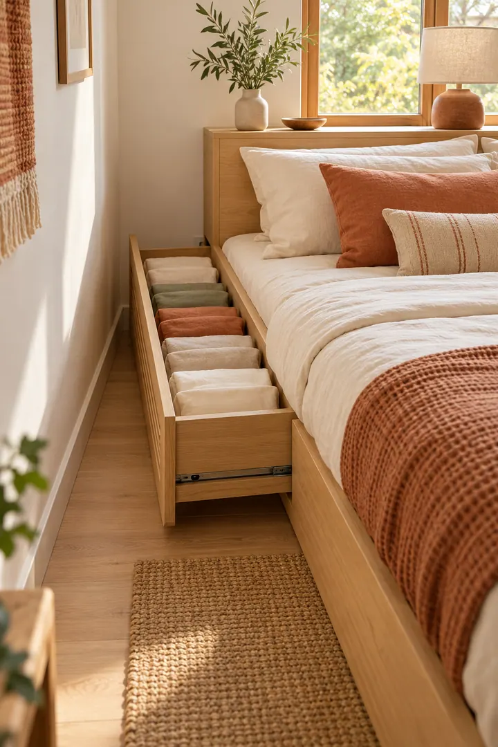 Small platform bed with a ventilated head-end drawer holding complete linen sets folded into matching pillowcases.
