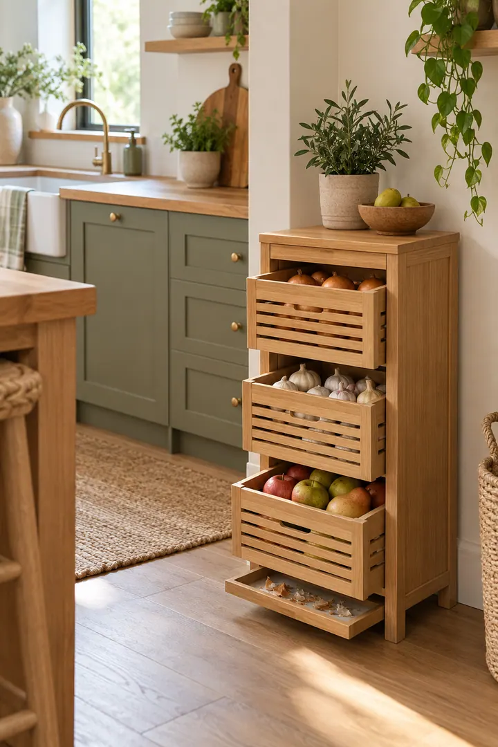 Narrow kitchen produce cabinet with separate slatted drawers and a removable debris tray at the base.