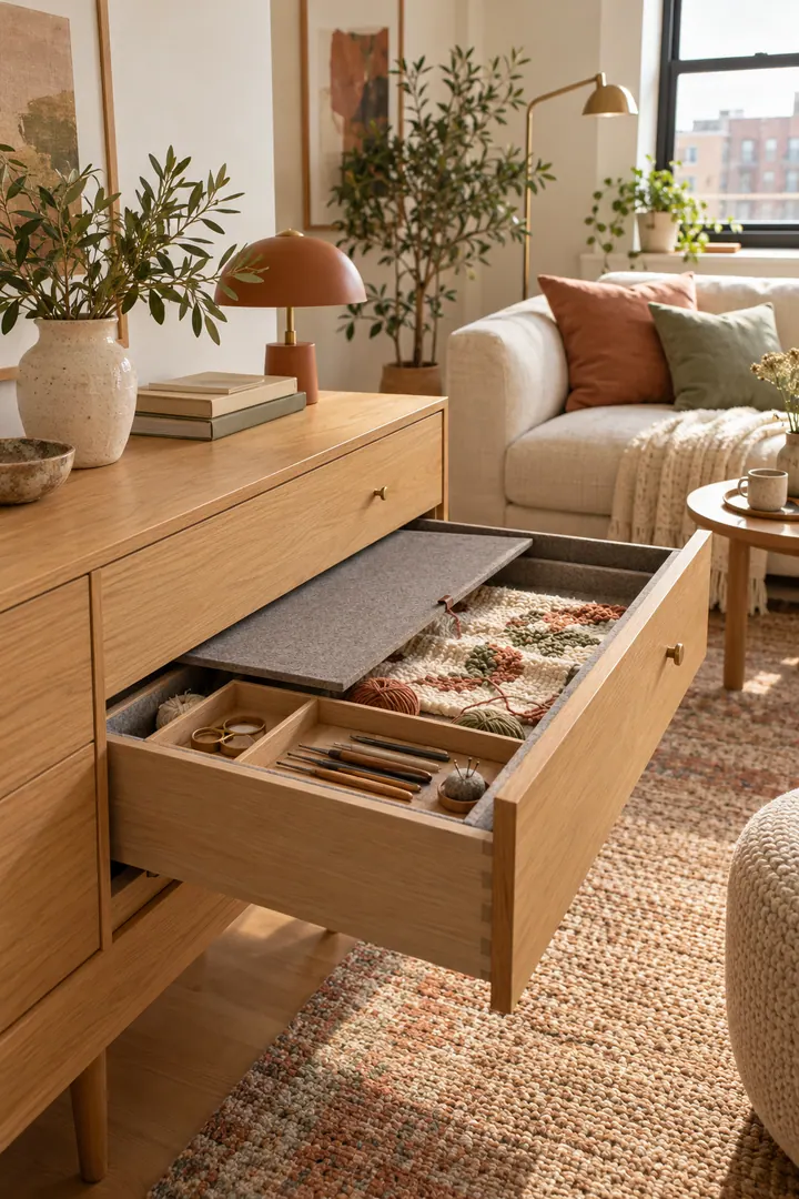 Studio credenza with an open felt-lined drawer protecting an unfinished craft project and lift-out tool insert.