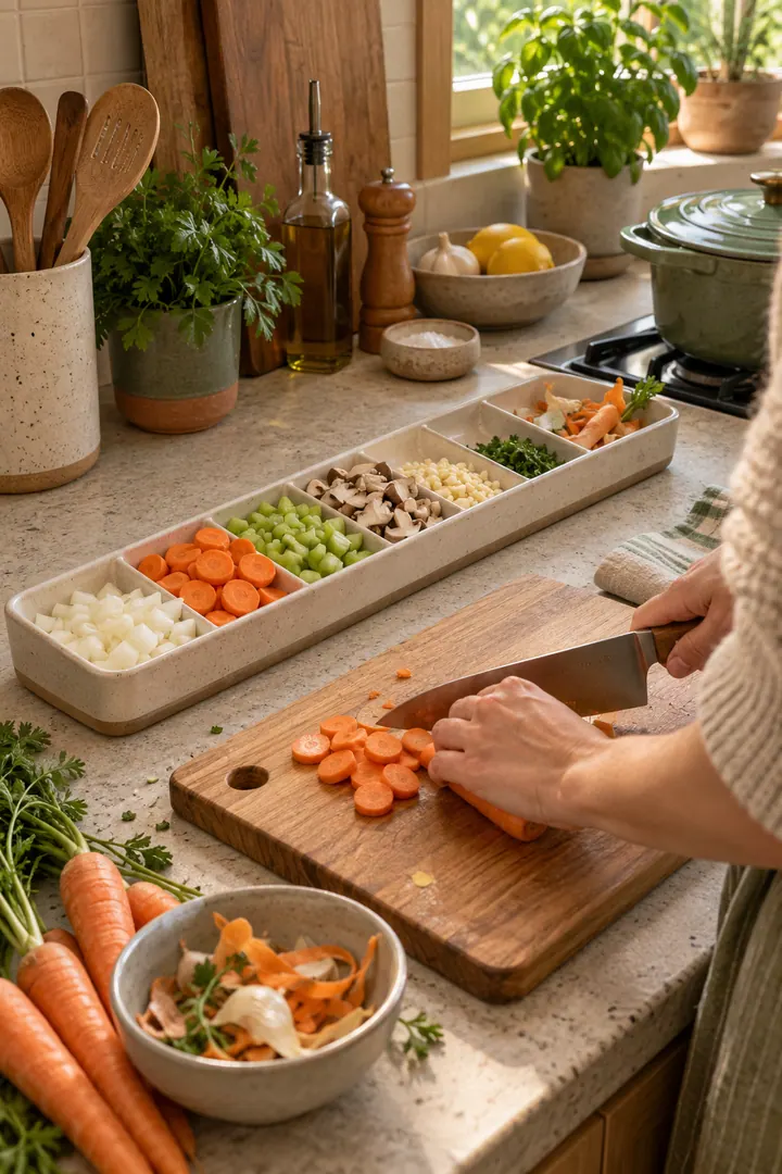 Close-up of vegetable prep on a small counter with ingredients arranged in a narrow divided ceramic channel.