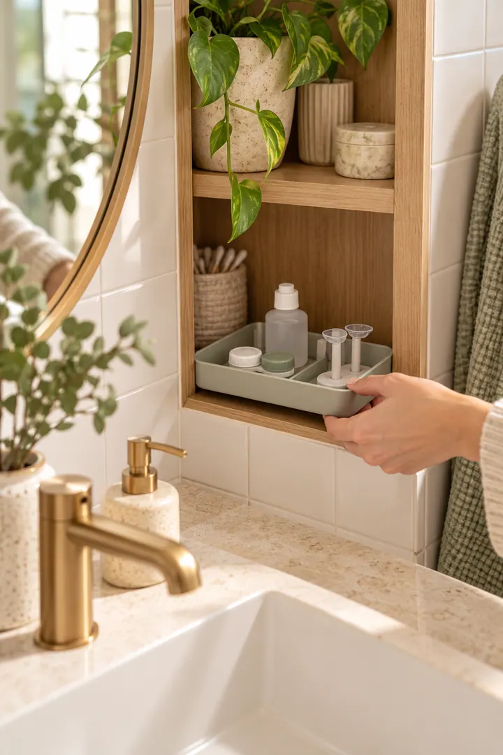 Close-up of a hand placing a removable contact lens care tray into a shallow vanity niche away from the sink.