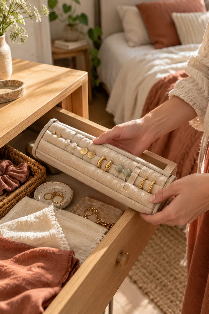 Close-up of a padded earring roll being lifted from a shallow dresser drawer in a compact bedroom.