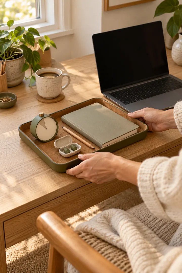 Close-up of hands placing a cork-lined focus tray with a timer, notebook, pencil, and earplugs beside a laptop.
