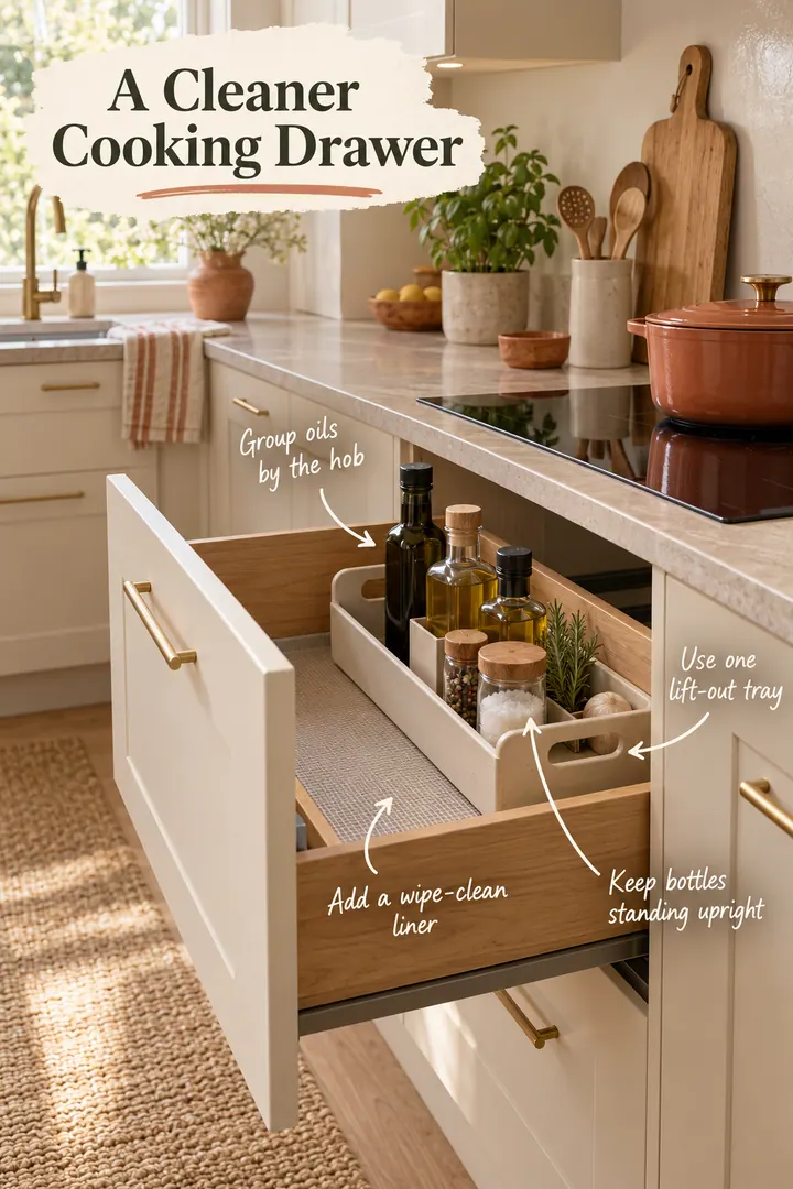 Open kitchen drawer beside a hob containing an organized lift-out tray for oil bottles and seasonings.