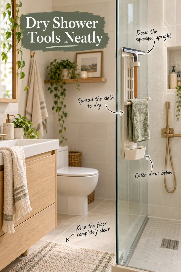 Small warm bathroom with a ventilated shower-screen dock holding a squeegee, drying cloth, and drip cup.