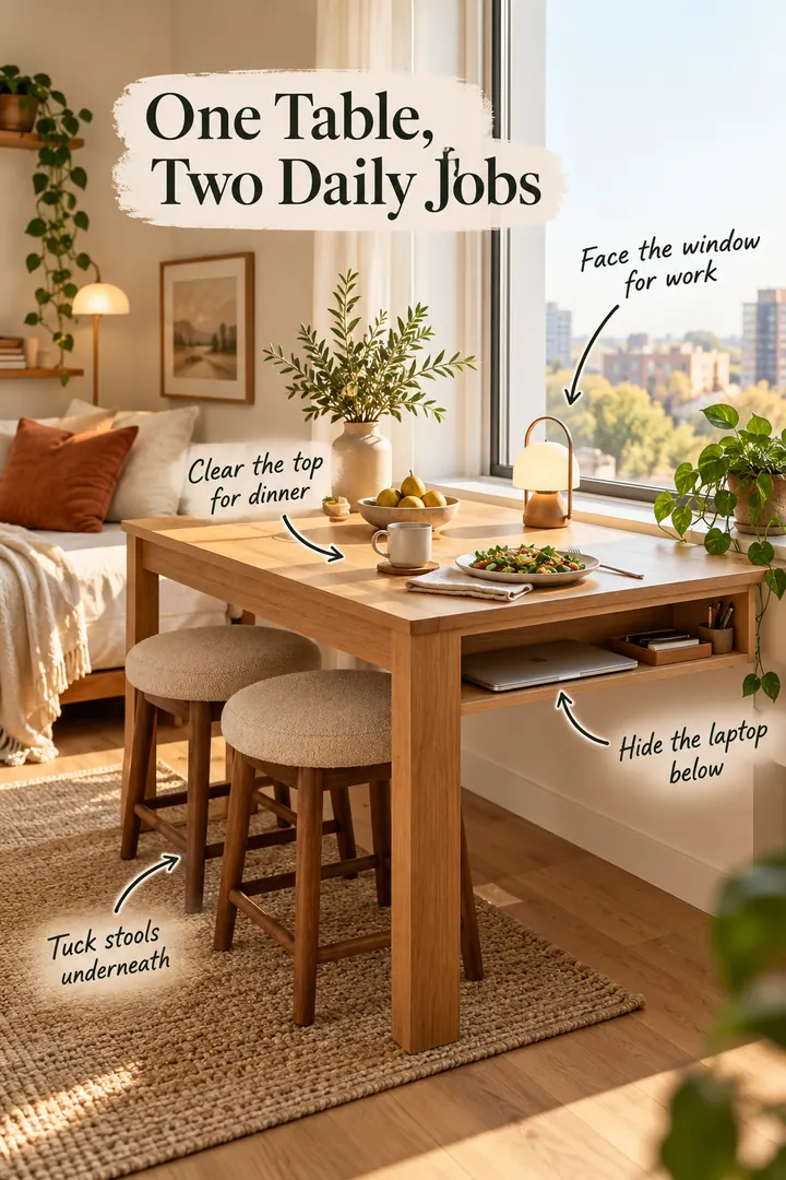 Warm studio apartment with one compact window table, tucked stools, portable lamp, and hidden laptop shelf.