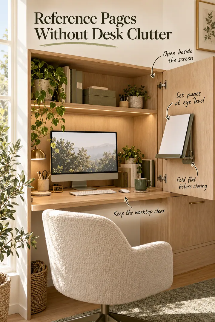 Compact cabinet office with an open door supporting a fold-flat document stand beside a clear desktop.