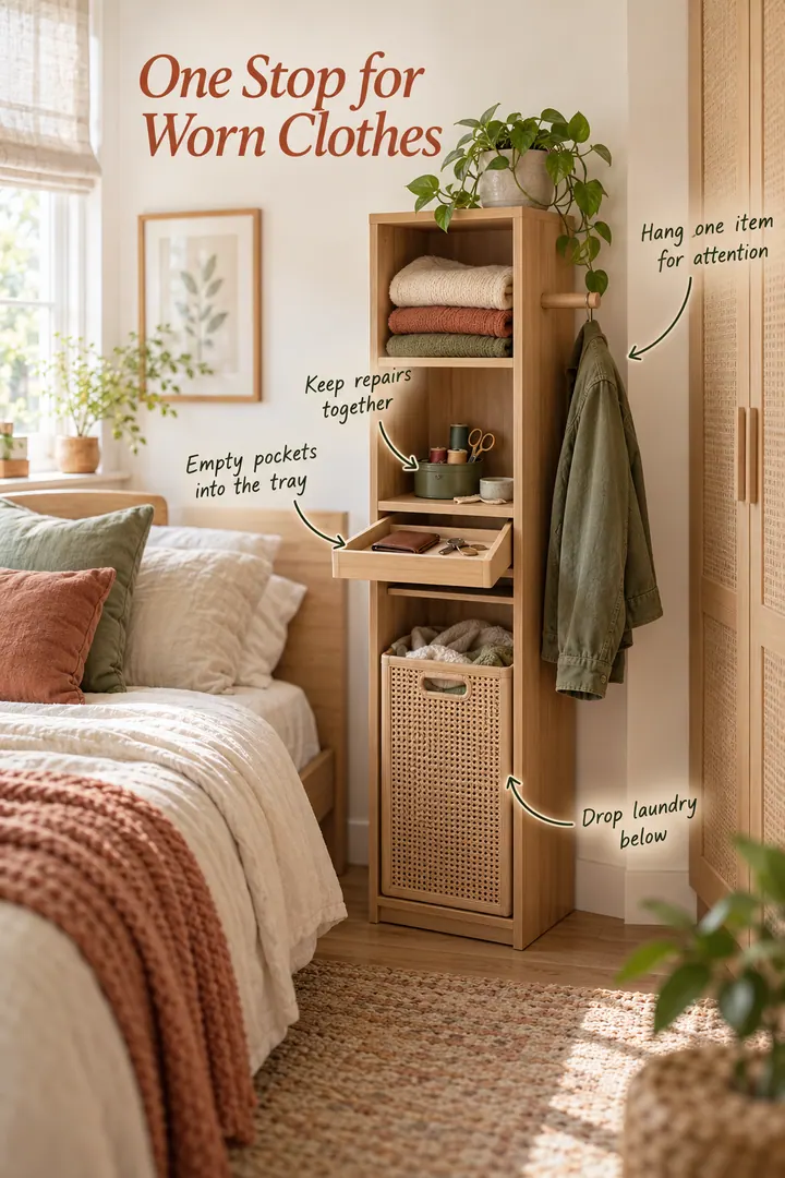 Narrow clothes-care cabinet in a small bedroom with a pocket tray, ventilated hamper, repair shelf, and garment rail.