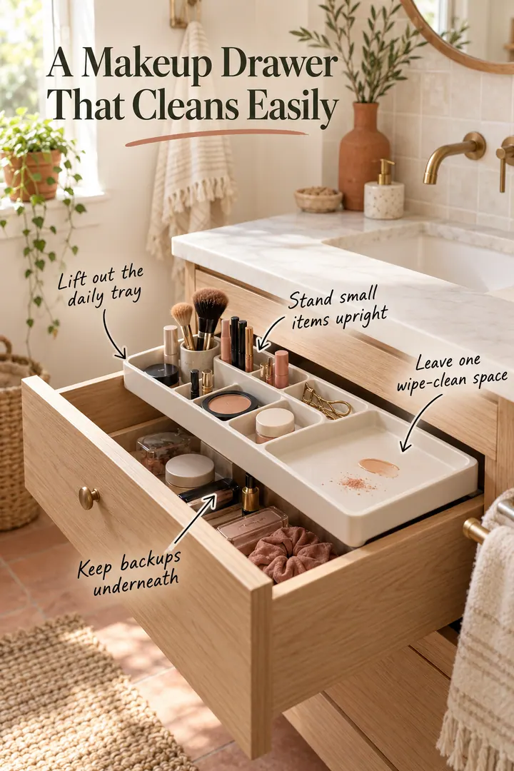 Open light-oak vanity drawer with a removable makeup tray, upright compartments, and backup storage underneath.