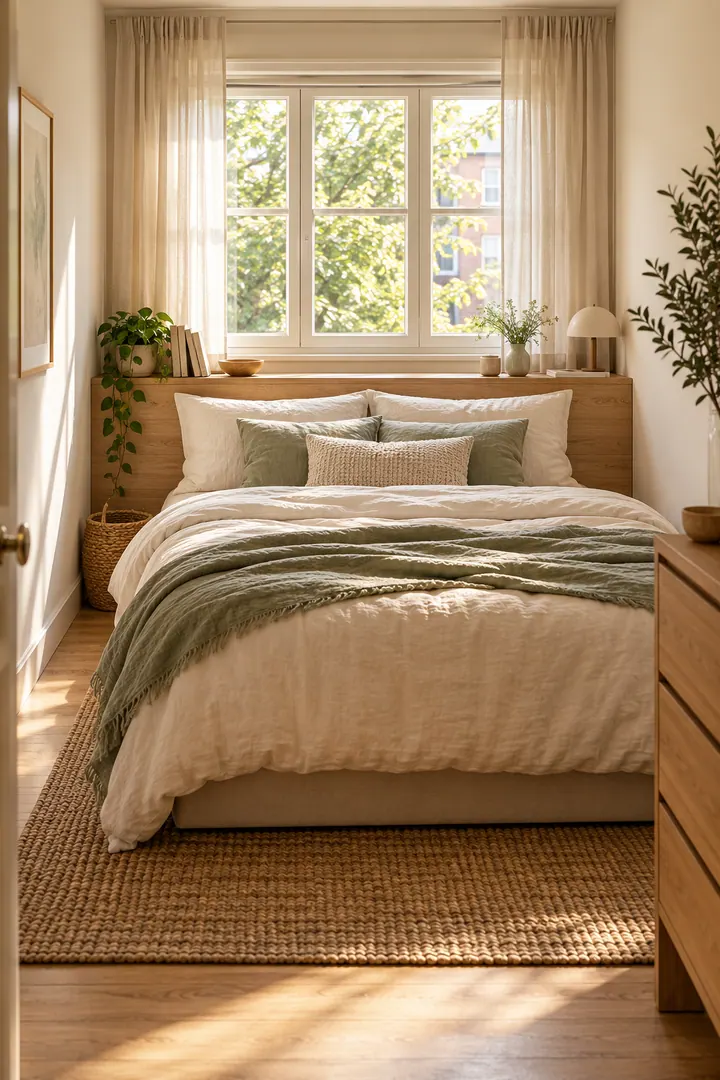 Small warm bedroom with a bed beneath the window and a low oak headboard forming a continuous shallow ledge.