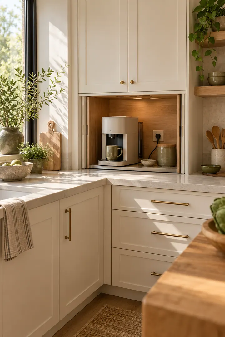 Compact corner kitchen cabinet with pocket doors open around a small appliance on a wipeable tray.