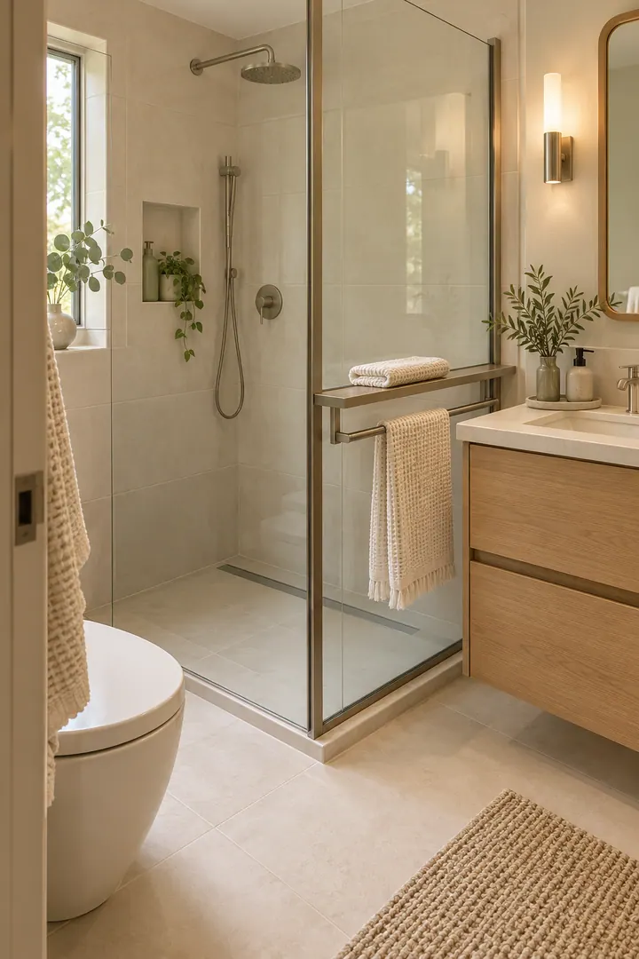 Tiny warm bathroom with a shallow towel ledge and rail integrated into the outside of a glass shower screen.