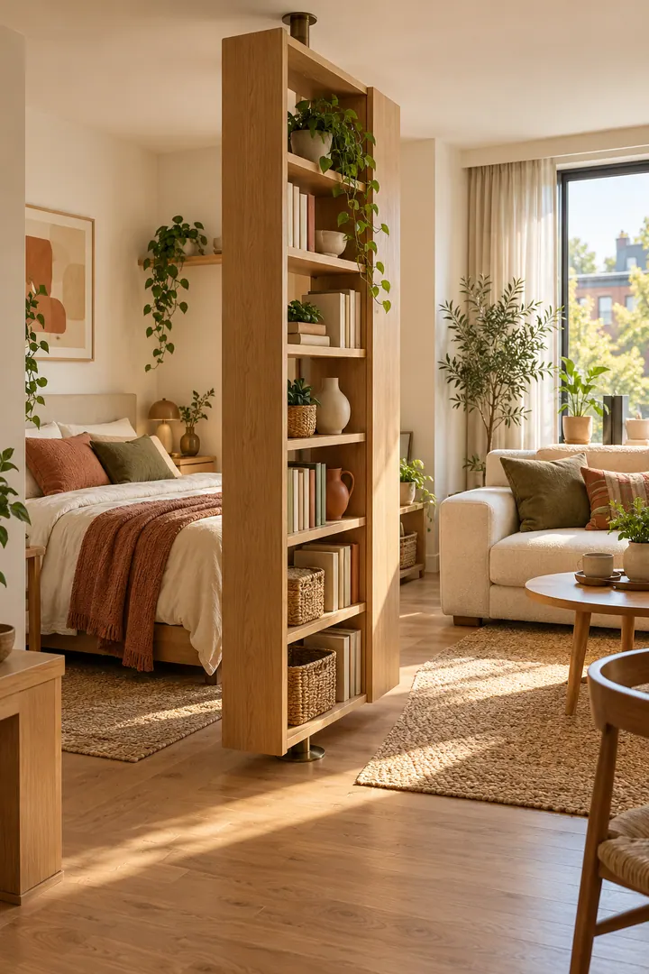 Warm studio apartment with a narrow pivoting bookcase partially screening the bed from the living area.