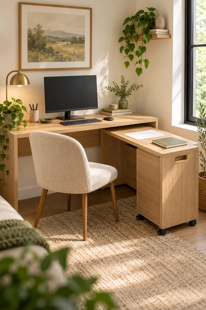 Compact oak desk with a slim rolling return pulled out sideways to create an L-shaped work surface.