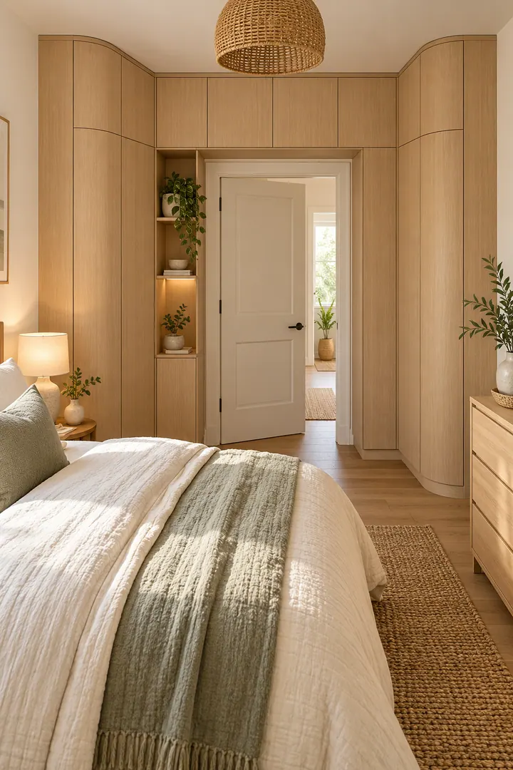 Compact bedroom with shallow light-oak wardrobes framing both sides and the top of the entrance door.