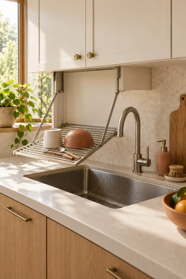 Compact kitchen sink with a slim drying rack folded down from beneath an upper cabinet.
